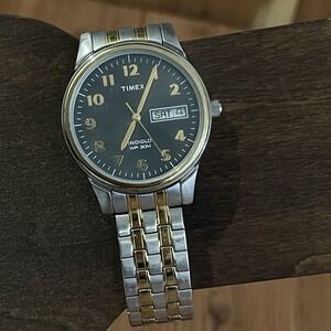 Timex Easy Reader Watch Men Indiglo 35mm Black Dial Day Date Stretch